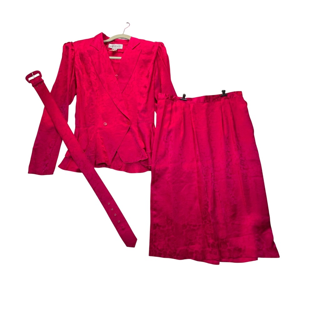 100% SILK Skirt 2 PC Suit Sz 6 Hot Pink Floral Rose Midi VTG 80s 90s Fran Fine